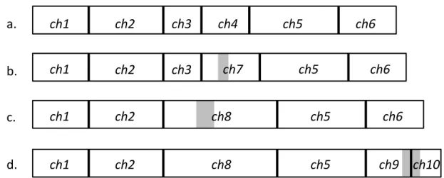Figure 2.3: Chunks of a file after various modifications. Gray regions are the modifications while the vertical lines are the chunk boundaries.