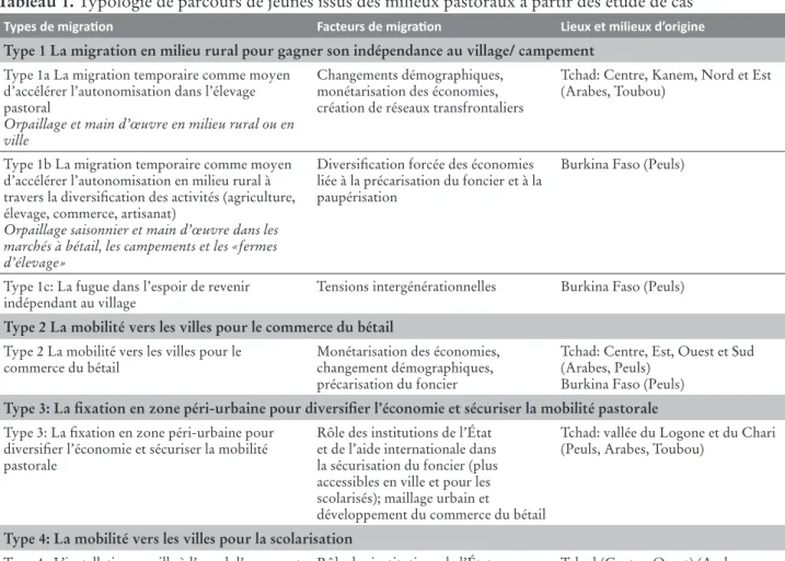 Tableau 1. Typologie de parcours de jeunes issus des milieux pastoraux à partir des étude de cas