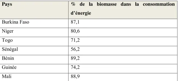 Tableau 9  : Pourcentage de la biomasse dans la consommation d’énergie  ; Le bulletin  africain, 2005 