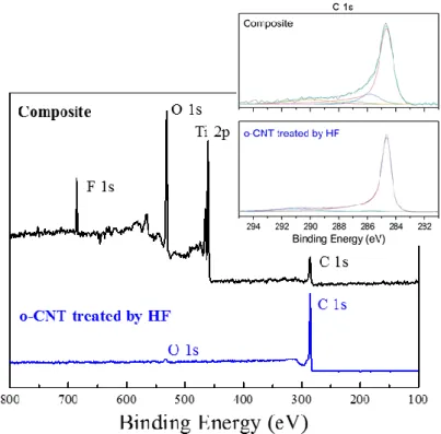 Figure 4: XPS spectra of composite and HF treated o-CNT. Inset: reconstructed C 1s spectra