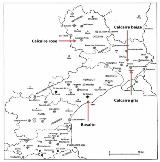 Figure II.2. Lieux d’extraction des roches sur la carte des carrières de la région Languedoc- Languedoc-Roussillon 