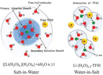 Figure 12: Illustration of the changes in the Li +  primary solvation sheath in diluted (left) and water-in-salt  (right) electrolytes