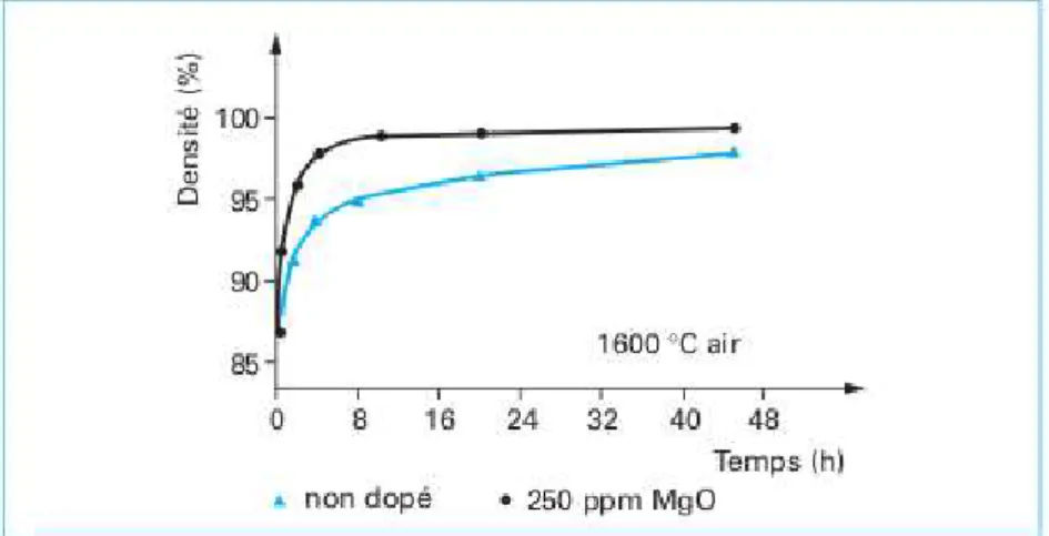 Figure 1.8 – Influence de l’ajout de M gO sur le frittage de l’alumine [Bernache-Assollant 2005].
