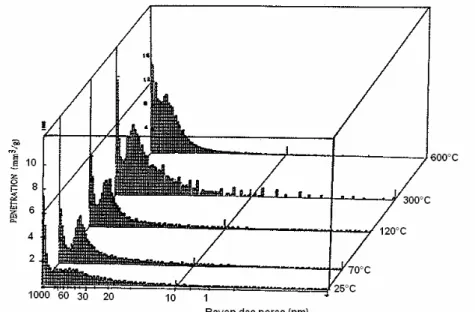 Figure I-19 : Distribution des pores d’un béton ordinaire après exposition à différentes  températures (Noumowe 1995) 