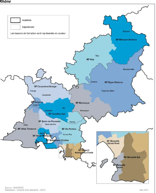 Figure 1. Carte des bassins de formation de l’académie d’Aix-Marseille et du département des Bouches-du- Bouches-du-Rhône 