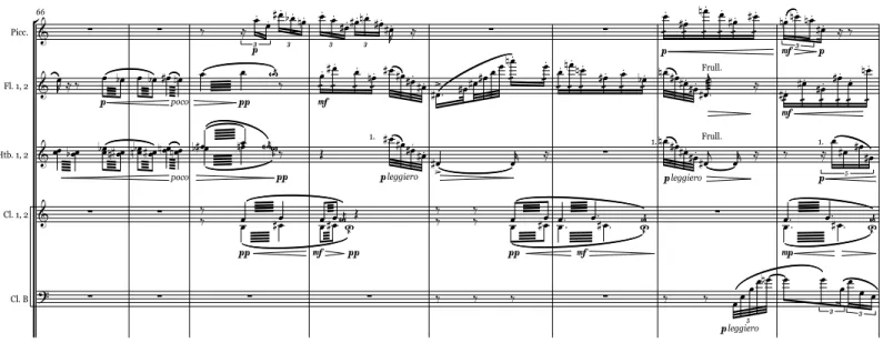 Figure 2. 11. Example of the development of the fast melodic gestures in part B of Neige [67-74] 