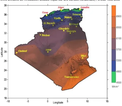 Fig. 1.14 Carte solaire de l’Algérie 