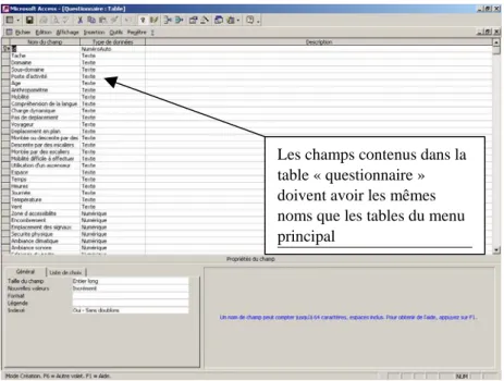 Figure 6 : Élaboration (en mode création) de champs dans une table 