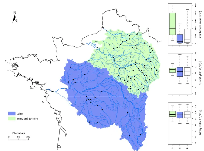 Fig.  1.  Location  and  distribution  of  various  characteristics  of  the  89  catchments  used