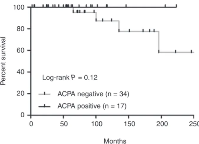 FIGURE 2. Kaplan–Meyer survival curve (from disease onset) comparing patients with (n ¼ 17) and without (n ¼ 34) ACPA.