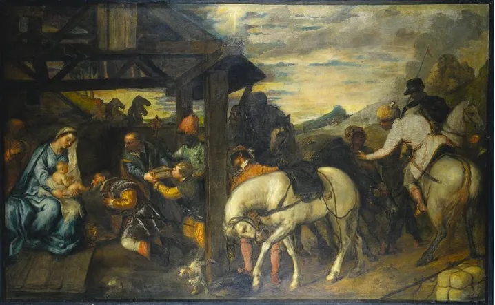 Figure  1.  Tiziano  Vecellio  dit  Le  Titien,  vers  1559,  Adoration  des  Mages,  Huile  sur  toile,  134,5 cm x 217 cm, Musée d’art de Cleveland, Ohio