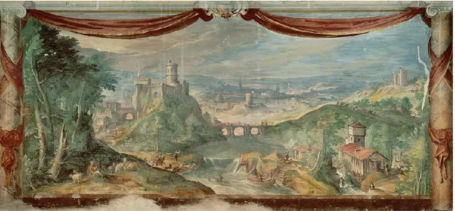 Figure  6.  Matthieu  Bril,  vers  1580,  Vue  imaginaire  d’une  forteresse  près  de  la  rivière,  fresque, Salle des vues imaginaires, Tour des Vents, Palais du Vatican
