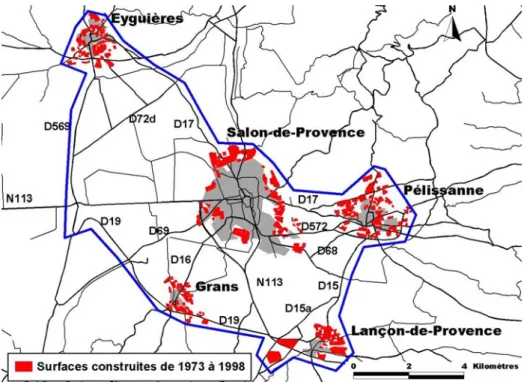 Figure 1 : Extension des espaces urbains construits de 1973 à 1998 sur le territoire de vie étudié autour  des surfaces bâties de 1973 