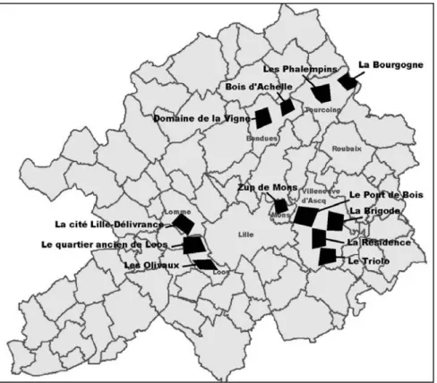Figure 5 : Localisation des douze quartiers étudiés sur le territoire de la communauté urbaine de Lille 