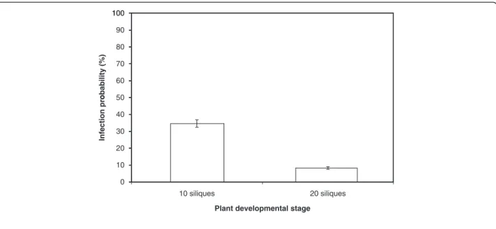 Figure 3 Influence of plant developmental stage on transmission capacity of Alternaria brassicicola (Abra43) to seeds of Arabidopsis thaliana plants (L er ecotype)