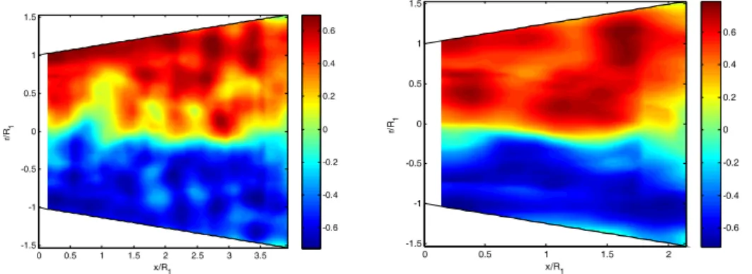 Fig. 13. Instantaneous   2  criterion obtained for the conical diffuser from PIV measurements after post- post-processing, and for Re=37000: (a): (2=16°); (b) (2=30°)