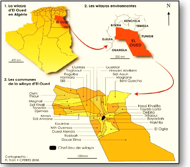 Figure Ⅱ.01. El Oued dans le Bas-Sahara algérien : proximités et découpage communal.  