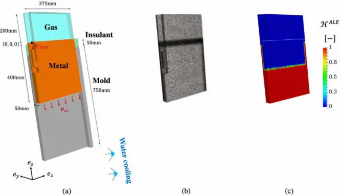 Fig. 6. Representation of (a) a schematic illustration of the 3D CC model at its initial configuration; (b) the  associated initial mesh and (c) the constant Heaviside function, ℋ 