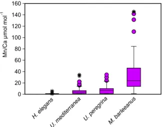 Figure 5. Box plots describing the distribution of Mn / Ca values measured in living (stained) individuals of Hoeglundina elegans, Uvigerina mediterranea, Uvigerina peregrina, and Melonis  bar-leeanus