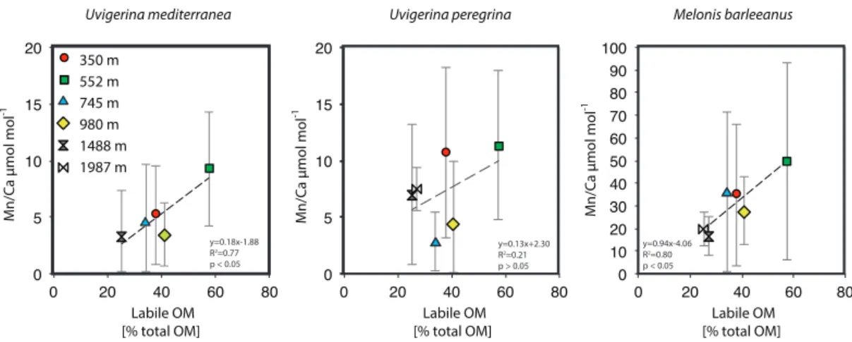 Figure 7. Plots of average Mn / Ca µmol mol −1 versus labile organic matter (% total organic matter).