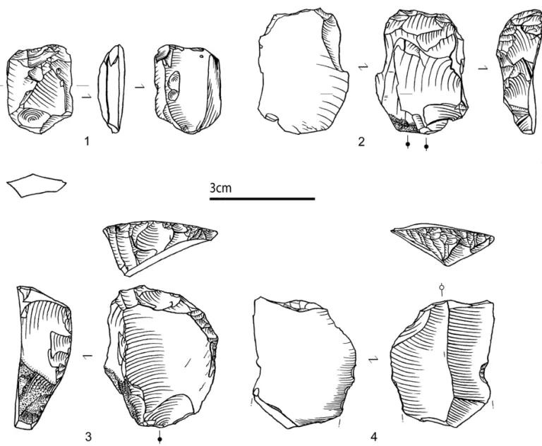 Figure 6 - Domestic tools (1: splintered piece; 2,3: end scrapers; 4: truncated piece; Drawings C