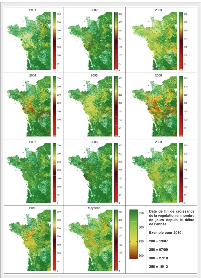 Figure 4. Date de fin de croissance de la végétation vue par MODIS sur le Grand Ouest de 2001 à 2010.