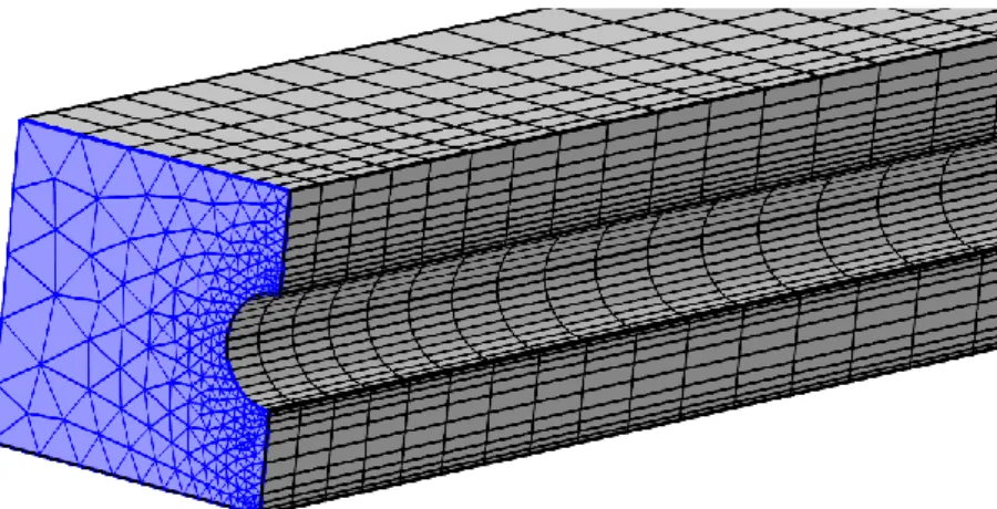 Figure 4: Meshing of the slab surface at the inlet of the pipe (highlighted in blue) and swept mesh  in the direction of the pipe axis