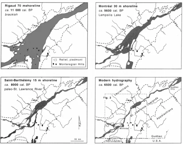 Fig. 3.4 –  Hydrologie postglaciaire des basses terres de la vallée du Saint-Laurent (tiré de Muller et Richard  2001 [d’après Macpherson 1967, avec âges  14 C revus]) 