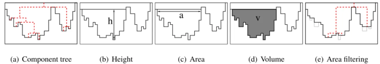 Figure 1.4: Illustration of respectively a component tree (dashed lines), the height, the area and the volume of a component and an area filtering.