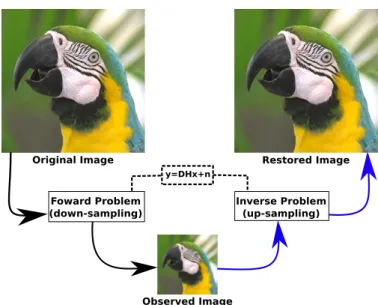Figure 1.1 – This type of inverse problem is used to estimate the restored image (as close as possible to the original image) from the down-sampled image (observed image) and the knowledge (modelled by a forward stage) of the down-sampling process.