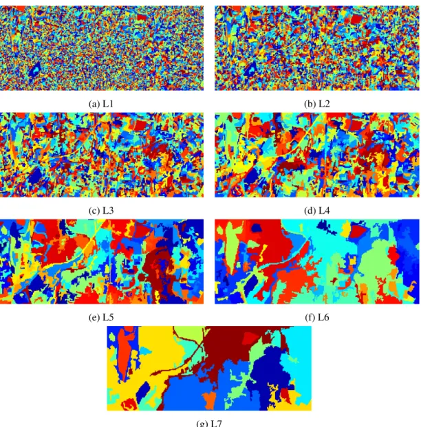 Figure 3.15: Hierarchical segmentation maps of Strasbourg Spot-4 dataset. All levels of segmentation are illustrated here by using dissimilarity criterion α = [ 2 − 2 , 2 − 1 , 2 0 , 2 1 , 2 2 , 2 3 , 2 4 ] .