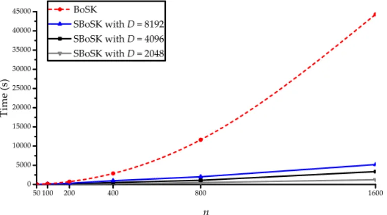 Figure 3.17: Computation time of BoSK and SBoSK with D = { 2048, 4096, 8192 } w.r.t. n number of training samples per class.