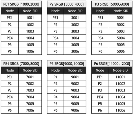 Table 2.2: Node-SIDs computation with different Global Block for each node PE1 SRGB [1000,2000] Node Node-SID PE1 1001 P2 1002 P3 1003 PE4 1004 P5 1005 P6 1006 P2 SRGB [3000,4000]NodeNode-SIDPE13001P23002P33003PE43004P53005P63006 PE4 SRGB [7000,8000] Node 