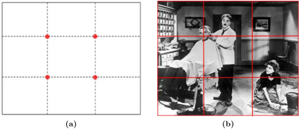 Figure 2.1 – The rule of thirds. (a) The frame is equally divided into thirds, both vertically and horizontally