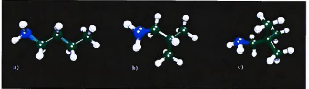 Figure 7.3: Three system studied for the evaluation of the 3-effect. a) n-butyl amine, b) s-butyl-amine and c) t-butyl-amine.