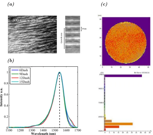Figure 2.5: (a) Plane view electron microscope image of InAs QDashes, dimensions indicated as 25 nm by 300 nm Cross section TEM of the QDash structure showing 6 layers of QDashes stacked over each other, where each layer is measured to be 1 nm in height