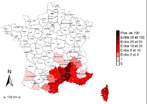 Figure 1 : Nombre d’épisodes pluvieux de plus de 200 mm en un jour, par département, pour la période 1963 –  2012 (d’après Météo-France, 2013)