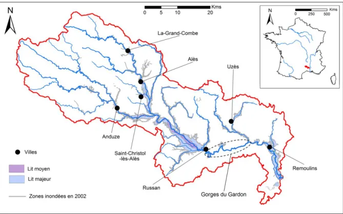 Figure 7 : Lits mineur, moyen et majeur à l’échelle du bassin versant du Gardon (donnée DREAL-LR), zones  inondées lors de l’épisode de 2002 (donnée DREAL-LR), et principales villes du bassin (BD TOPO ®  version 2.1,  IGN 2 )