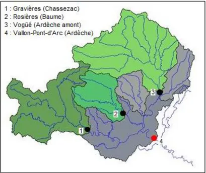Figure 10 : Stratégie de modélisation adoptée par le SPC-GD – cas du bassin de l’Ardèche en amont de Vallon- Vallon-Pont-d’Arc (07)