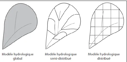 Figure 11 : Classification des modèles hydrologiques selon leur représentation des bassins : approches globales,  semi-distribuées et distribuées (Lerat, 2009)