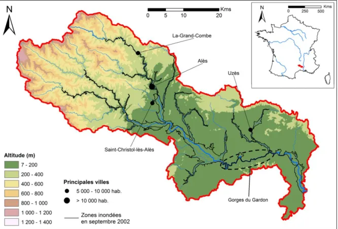 Figure 17 : Relief, principales villes, et zones inondées lors de l’épisode de septembre 2002, à l’échelle du bassin  versant du Gardon