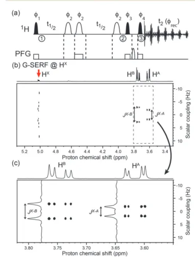 Fig. 14 The amplitude profiles calculated for a G-SERF experiment set to edit the coupling network involving H A (a) after a gradient encoded  E-Burp2 pulse of 60 ms (step 1 in Fig
