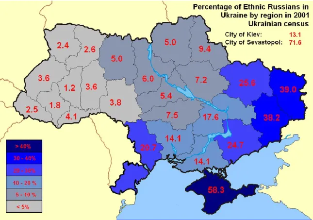 Figure 4: Percentage of ethnic Russians in Ukraine by region in the 2001 Ukrainian  census  
