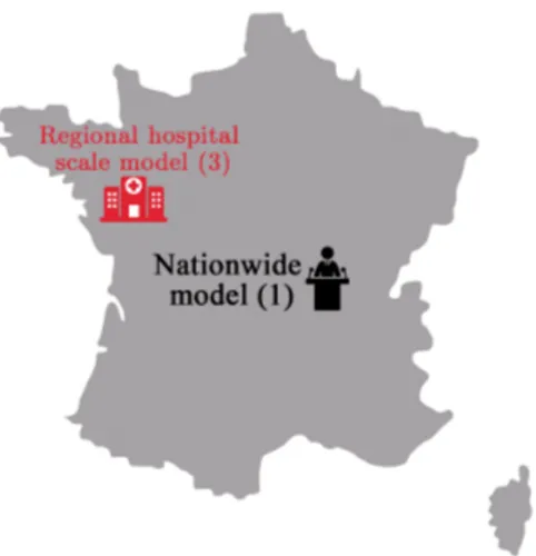 Figure 1: Epidemiologic models for two different scales. (In dark grey : the map of France , in red : Nantes University Hospital).