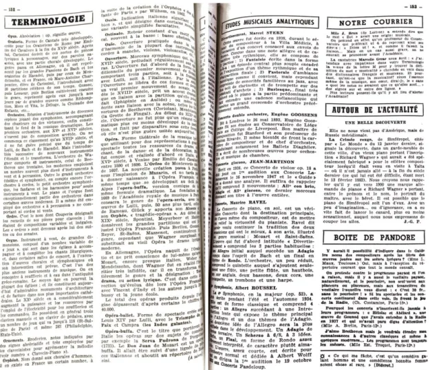 Figure 6. Sections « terminologie », à gauche, et « études musicales analytiques », à droite (10/02/1950) 