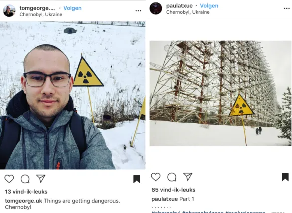 Figure 12 et  figure 13. Photographies des visiteurs de Tchernobyl sur Instagram, 2019, capture  d’écran par Philippe Depairon, le 1 er  février 2019