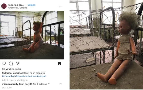 Figure 17 et figure 18. Photographie d’une poupée « trouvée » à Tchernobyl sur Instagram, 2019,  capture d’écran par Philippe Depairon, le 31 janvier 2019