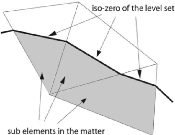 Fig. 2 For elements crossed by the iso-zero of the level-set, integration is done on sub-elements inside matter