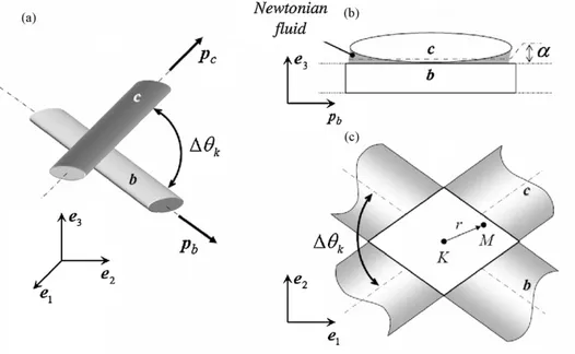 Fig. 1. Modelling of bundle–bundle interactions: (a) view of a connection between two neighbouring ﬁbre-bundles, (b) side view of the sheared zone, (c) top view of the surface of the sheared zone.