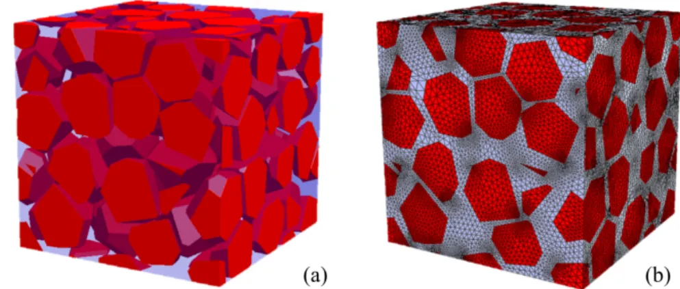 Figure 2.9 : Exemple de microstructure générée avec 64 polyèdres pour f vol=55% (a) avant et (b) après son maillage en vue de l'analyse éléments nis.